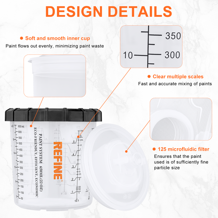 REFINE 650ml Disposable Paint Sprayer Mixing Cups, 50 Packs Cup Liner and Lid System - 50 Cup Liners, 50 Lids with 125 Micron Strainer, 20 Plugs and 1 Hard Cup with Retainer Ring