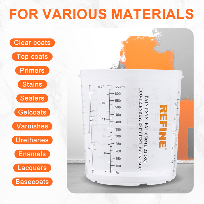 REFINE 650ml Disposable Paint Sprayer Mixing Cups, 50 Packs Cup Liner and Lid System - 50 Cup Liners, 50 Lids with 125 Micron Strainer, 20 Plugs and 1 Hard Cup with Retainer Ring