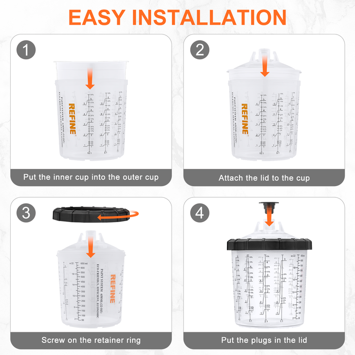 REFINE 650ml Disposable Paint Sprayer Mixing Cups, 50 Packs Cup Liner and Lid System - 50 Cup Liners, 50 Lids with 125 Micron Strainer, 20 Plugs and 1 Hard Cup with Retainer Ring