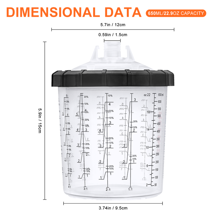 REFINE 650ml Disposable Paint Sprayer Mixing Cups, 50 Packs Cup Liner and Lid System - 50 Cup Liners, 50 Lids with 125 Micron Strainer, 20 Plugs and 1 Hard Cup with Retainer Ring