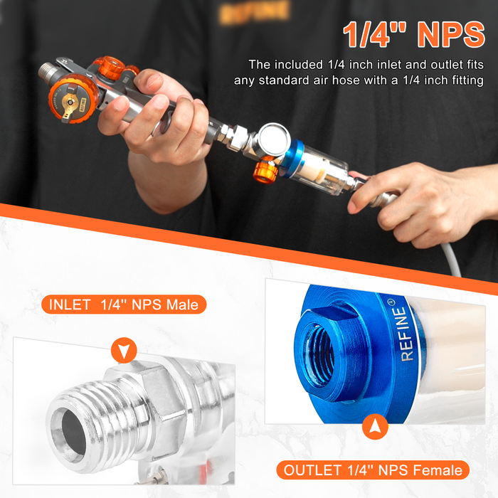 REFINE 3pcs Water Oil Separator Kit, 145PSI 1/4'' NPS Airbrush Filter Moisture Separator for Air Line Compressor Fitting