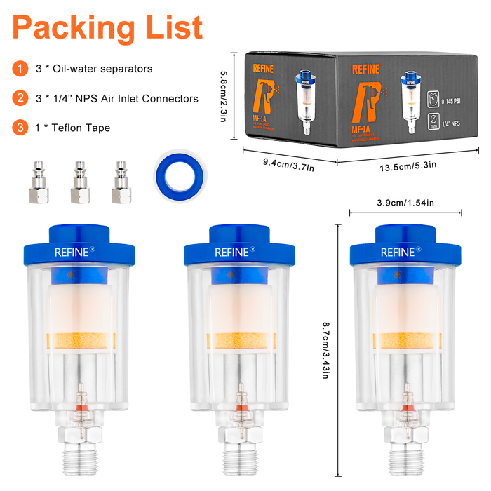 REFINE 3pcs Water Oil Separator Kit, 145PSI 1/4'' NPS Airbrush Filter Moisture Separator for Air Line Compressor Fitting
