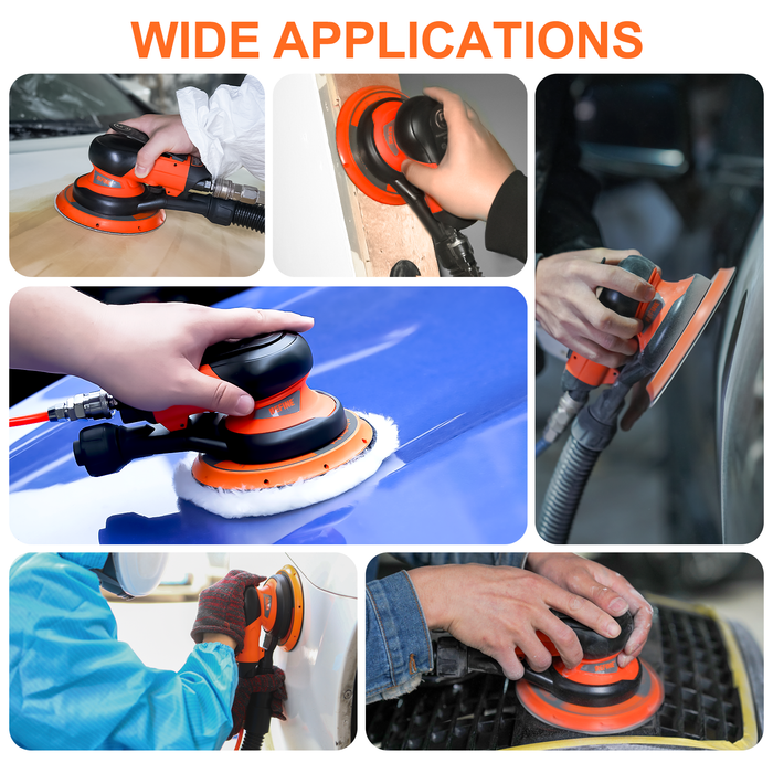 REFINE R-65D 6" Air Random Orbital Sander with 10 Pcs Sandpapers, for Car Polishing, Vacuum Ready