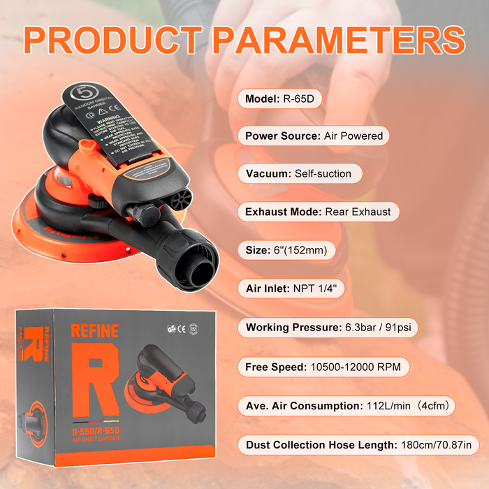 REFINE R-65D 6" Air Random Orbital Sander with 10 Pcs Sandpapers, for Car Polishing, Vacuum Ready