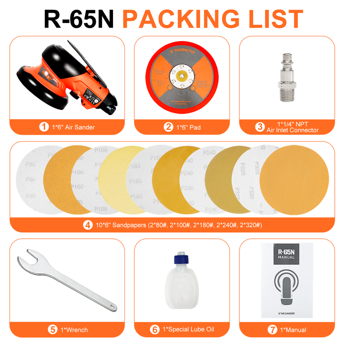 REFINE R-65N 6" Air Random Orbital Sander, Dual Action, with 10 Pcs Sandpapers, for Car Polishing