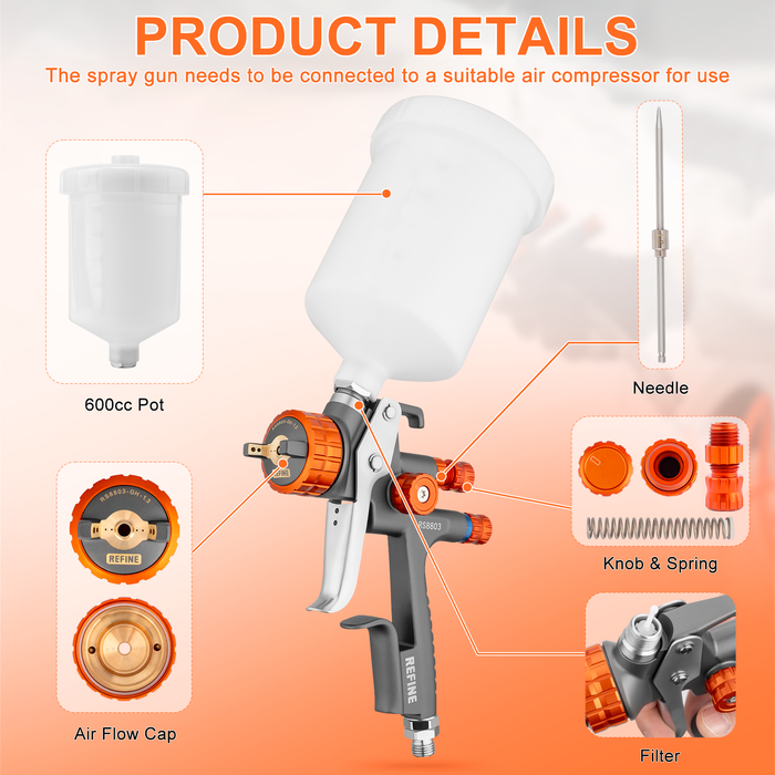 REFINE RS8803 HVLP Air Spray Paint Gun, 1.3mm Nozzle, 600cc Cup, for Car Topcoat