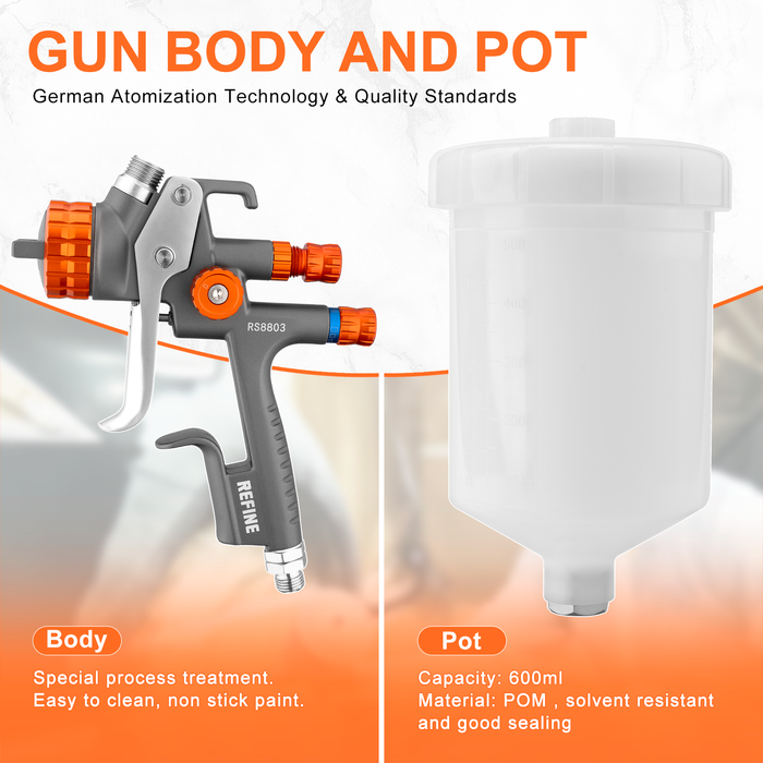 REFINE RS8803 HVLP Air Spray Paint Gun, 1.3mm Nozzle, 600cc Cup, for Car Topcoat