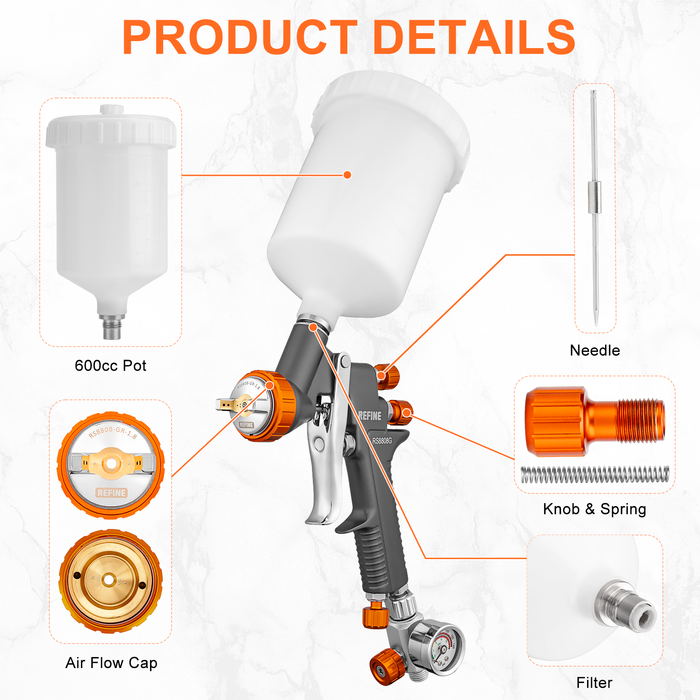 REFINE RS8808G Air Spray Paint Gun Kit, 1.4/1.8/2.0mm Nozzle Sets, for Cars, House Painting