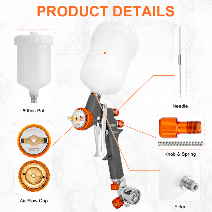 REFINE RS8808G Air Spray Paint Gun, 1.4mm Nozzle, 600cc Cup, for Topcoats and Finish Painting