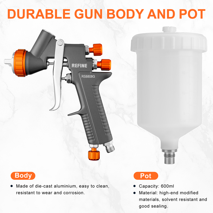 REFINE RS8808G Air Spray Paint Gun, 1.4mm Nozzle, 600cc Cup, for Topcoats and Finish Painting