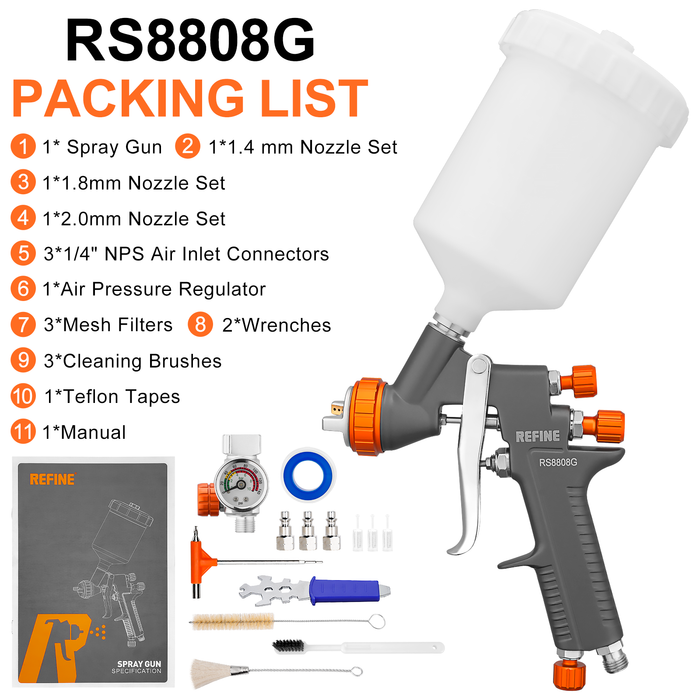 REFINE RS8808G Air Spray Paint Gun Kit, 1.4/1.8/2.0mm Nozzle Sets, for Cars, House Painting