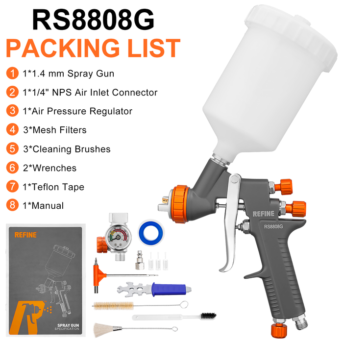 REFINE RS8808G Air Spray Paint Gun, 1.4mm Nozzle, 600cc Cup, for Topcoats and Finish Painting